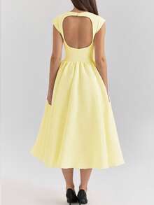 欧美春夏露背圆领无袖黄色连衣裙优雅大方法式小众长款派对礼服白色毕业女酒会聚会连衣裙 - 杏色 - 查看 8