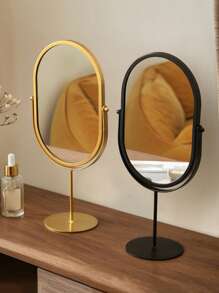 1 pieza Espejo de maquillaje ovalado giratorio 360°, con marco de metal, sin batería, adecuado para dormitorio, dormitorio, espejo cosmético portátil de una sola cara. Diseño elegante/Decoración del dormitorio