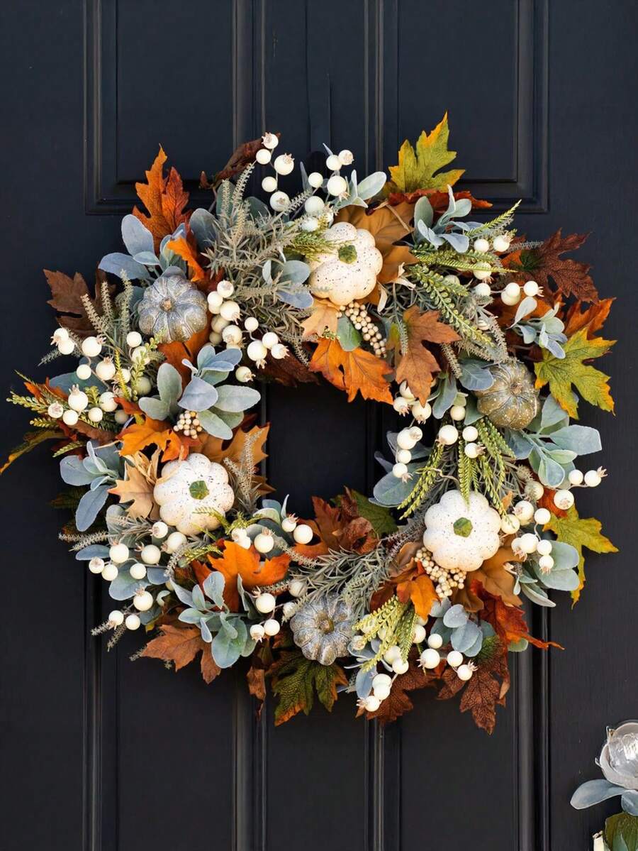 1pc Pumpkin Wreath With Artificial Maple Leaves - Red Orange Green Gray Fall Harvest Door Decorations - No Electricity Required, Easily Hang On Front Door, Mantel, Table Centerpiece - Halloween, Thanksgiving, Christmas Home Decor - Durable Plastic/Leaf Material - Fall Home Decorations