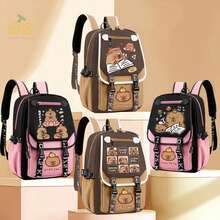 Mochila escolar, mochila escolar con dibujo de carpincho, mochila multifuncional, mochila escolar grande con carpincho, bolsa de viaje de gran capacidad, mochila impermeable, mochila para exteriores, bolsa de almacenamiento, bolsa de viaje, mochila ligera informal, mochila impermeable informal para portátil, bolsa de viaje informal para portátil con bandolera en forma de S, diseño de animal lindo, suministros de almacenamiento, suministros de viaje, adecuada para la escuela, el trabajo, viajes (marrón, rosa) - Marrón - Ver 7