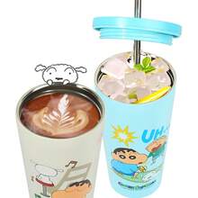 635ml/21oz Crayon Shin Chan Doll Thermos Cup Insulation Bottle Anime Cartoon Large-Capacity Desktop Straw Cup Stainless Steel Coffee Mug Tumbler Birthday Gifts - Blue - View 2