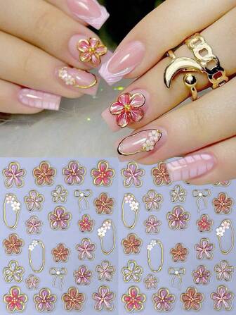 2 pezzi Adesivi per unghie con bordi bronzati 5D, decorazioni floreali con fiori di ibisco rosa e linee dorate semitrasparenti, decalcomanie per unghie all'hawaiana, accessori per decorazione unghie estiva, autoadesivi, per uso fai-da-te in salone