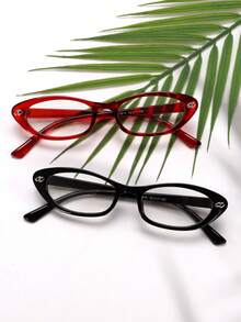 2pcs Oval Cat Eye Fashion Eyeglasses Frame, Transparent Glasses, Metal Accessories, Retro Personalized Versatile Fashion Eyeglasses Frame, Suitable For Daily Wear, Street Photography, Reading, Writing, Commuting, Vacation Travel, Beach And Other Occasions. - 2pcs(紅色+黑色) - 查看 4