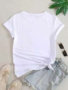 Women's Creative Printed Fashion T-Shirt, Four Seasons Women's Fashion, Simple, Casual, Comfortable, Modern, Soft, Fitness, Daily Outdoor Sports, Versatile And Modern Style For All Seasons, Breathable Round Neck Short Sleeve T-Shirt - 白色 - 查看 2