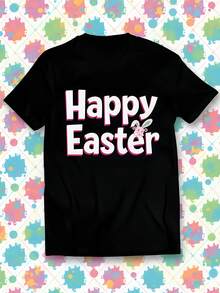 Camiseta negra de mujer, 180g, 100% algodón, cuello redondo, manga corta, estampado "Happy Easter", ideal para celebrar la Pascua, diseño de conejo, moda casual cómoda y moderna, estilo versátil para primavera y verano - Negro - Ver 1