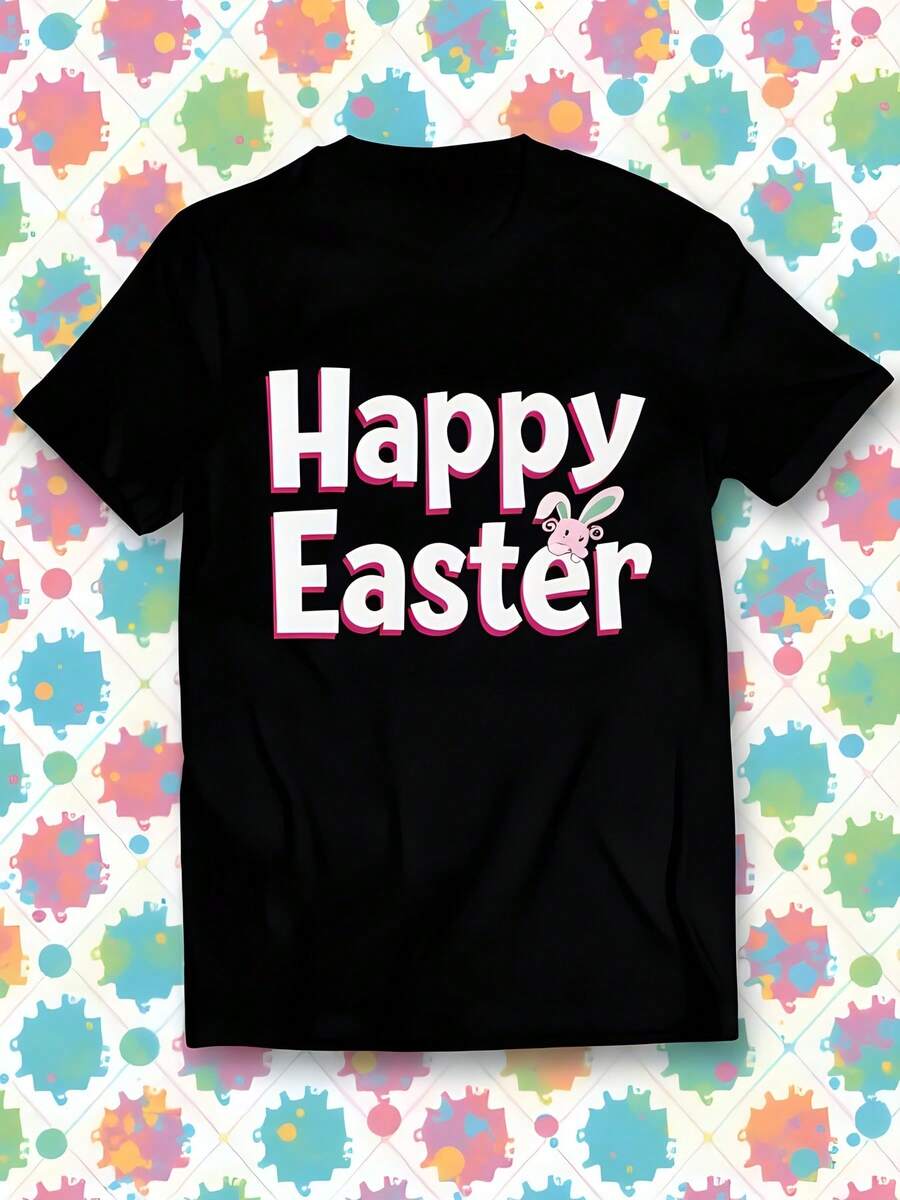 Camiseta negra de mujer, 180g, 100% algodón, cuello redondo, manga corta, estampado "Happy Easter", ideal para celebrar la Pascua, diseño de conejo, moda casual cómoda y moderna, estilo versátil para primavera y verano - Negro - Ver 1