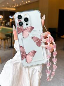 1 pieza Funda de teléfono a prueba de golpes con correa con diseño de mariposa, compatible con Apple 16/16E/15/15Pro/15Promax/14/14Promax/13/11/XR, cubierta protectora suave anti-caída con ranura para tarjeta