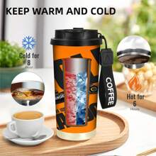 1pc 530ml Stainless Steel Insulated Coffee Mug With Leak-Proof Lid And Shoulder Strap F1 Racing Design, Bright Orange And Black, Reusable Coffee Tea Smoothie Cup Perfect Gift For Motorcycle Sports Fans, Christmas Gift First, Portable Outdoor Sports Water Bottle.
