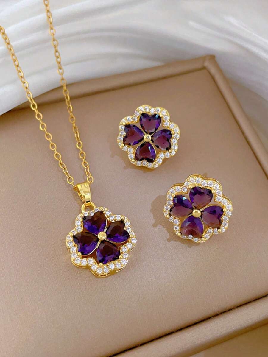 1 Bộ dây chuyền và hoa tai hình cỏ ba lá màu tím bằng thép không gỉ, Bộ trang sức nhân vật độc đáo khảm siêu nhỏ sang trọng, Dây chuyền và hoa tai 2 chiếc, Không bao gồm hộp quà tặng - Hoa bốn lá màu tím - Xem 1