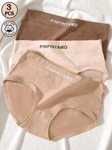 Set de 3 bragas para mujer, ropa interior cómoda y transpirable con estampado de letras y de unicolor, control de abdomen y levantamiento de glúteos