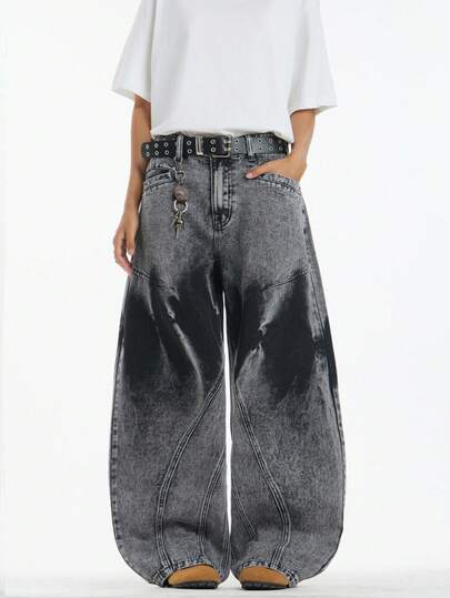 1pc Hearty Haven American Street Fashion Patchwork Distressed Loose Fit Men's Wide Leg Jeans, Washed Denim Casual Pants (No Belt & Accessories)