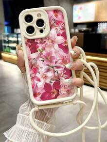 百合花彩绘新款凹槽挂绳手机壳，撞色米色加厚防摔保护套适用于 16/16Pro/16ProMax/16Plus/14ProMax 带双孔可拆卸表带， 15ProMax/13ProMax/14/7P/12ProMax 软硅胶米色背包式可调节表带 XsMax 手机壳 - 彩色 - 查看 3