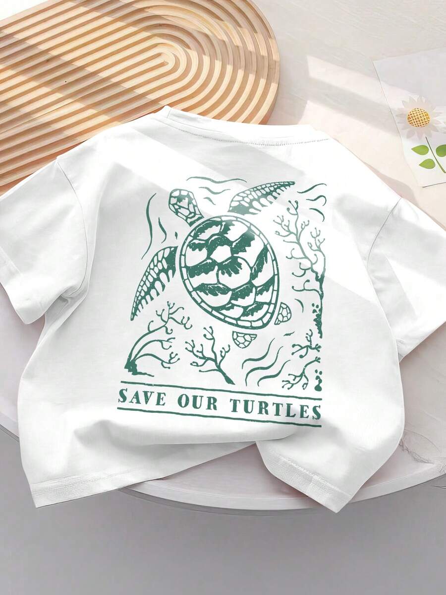 拯救海洋生物字母標語，海龜圖案印花，春夏 男童/女童同款 純棉T卹 羅紋 學院風運動垂感柔軟透氣童裝短袖上衣