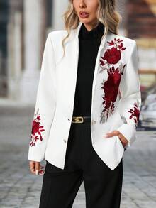 Soft Rose Embroidered Classic White Coat. - 白色 - 查看 6