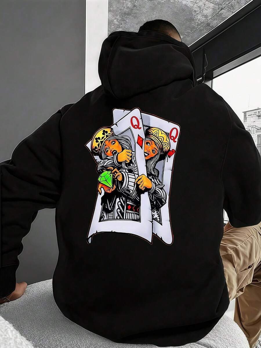 SU ER 男士休闲卡片印花连帽卫衣，带口袋，秋冬款 - 黑色 - 查看 1