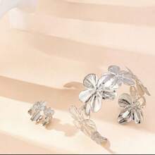 1 Set Ocean Vacation Aesthetic 3D Silver Flower Cuff Bracelet & Ring Boho Fashion Accessory For Daily, Party