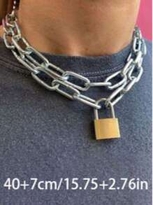 1pc Fashionable Metal Lock Chain Necklace, Unisex Hip Hop Style Metal Silver Pendant Necklace Suitable For Parties, Gatherings, Street Activities