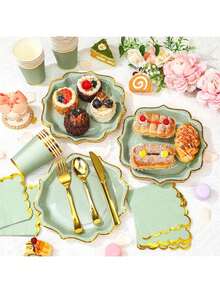 10/20/50pcs,Sage Green Scalloped Paper Plates With Gold Border 9 Inch Disposable Plates ,7 Inch Disposable Plates And Napkins.Decorative Scalloped Plates Cake Paper Dessert Plates For Birthday Wedding Shower Party Supplies(Sage Green) - Multicolor - View 5