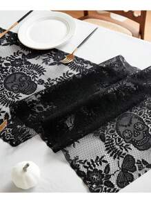 200/180cm Black Lace Skull Print Table Runner, Spider Web Table Runner, 30*45cm Skull Shaped Polyester Square Tablecloth For Decor, Horror Theme Bar Decoration, Home Decor, Wedding Party Decoration, Theme Party Table Decor