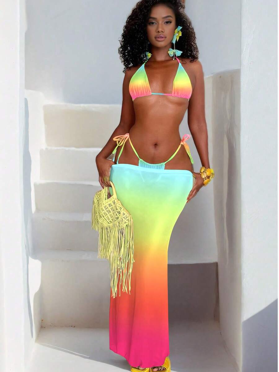 3件套女士性感沙滩比基尼套装，亮色渐变纯色挂脖比基尼泳装套装，搭配长款网纱裙，适合度假、复活节、节日、外出、约会之夜等各种场合，是所有女性服装的理想之选，也适合秋季和夏季假期穿着。