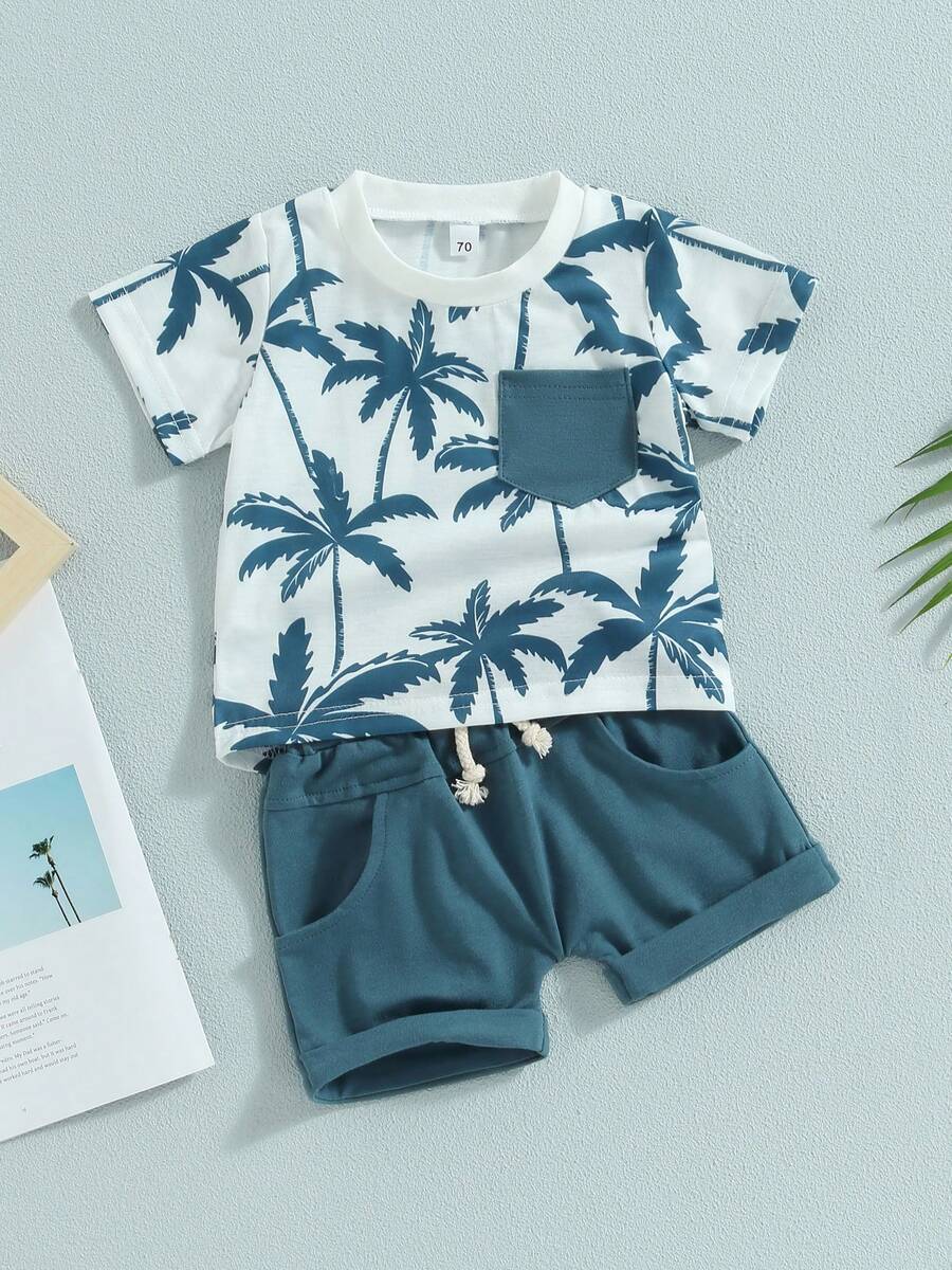 Toddler Baby Boy Summer Clothes Palm Tree Short Sleeve Tee Shirt Beach Shorts Set Infant Tropical Outfits - Màu xanh lam - Xem 1