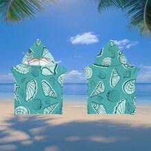 1 pieza Toalla de playa con capucha con elementos oceánicos, manta de playa de microfibra supersuave y envolvente de playa convertible, diseño de 4 botones que se puede desabrochar para convertirla en manta, súper absorbente, apta para viajes, piscina, buceo, surf, yoga, campamento, disponible en tallas para adultos y niños, de vuelta al colegio
