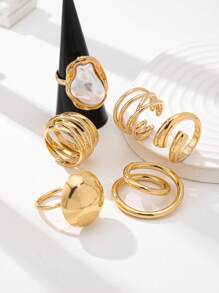 6 件超大金色交叉粗戒指套装，时尚简约圆顶戒指，女士个性戒指，仿巴洛克珍珠装饰戒指首饰适合日常佩戴、度假。