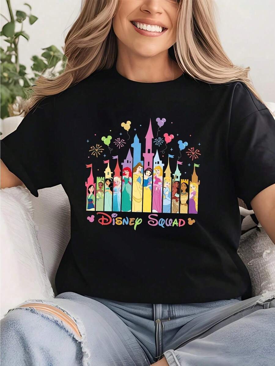 Short Sleeve Round Neck T-Shirt With Cartoon Image Printed On It, Casual And Fashionable Short Sleeve T-Shirt, Micro Elastic, Non-See-Through, Easy To Care For Material, Ideal Daily Wear, Ladies T-Shirt - 黑色 - 查看 1