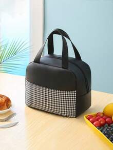1pc Student Large Capacity Handheld Lunch Bag - Office Worker With Rice Insulation Bag - Portable PU Thousand Bird Grid Design, Thick Aluminum Foil, Easy To Carry, Keep Food Hot And Cold, Suitable For Outdoor Travel, Male And Female Styles, Non Contact With Food, Insulated Lunch Bag, Essential For Returning To School