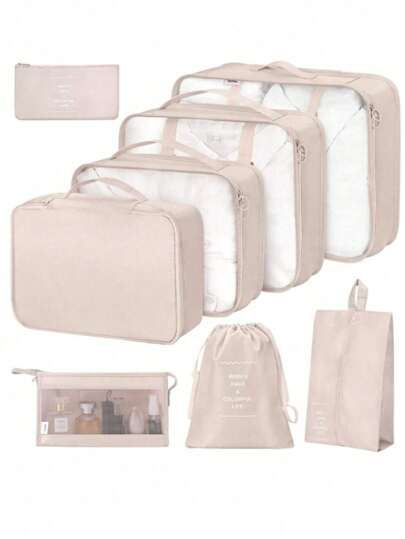 8 Piezas/Set Organizadores de Viaje - Organizadores de Compresión de Equipaje para Maletas de Mano, Bolsas Organizadoras de Ropa para Equipaje, Bolsas de Almacenamiento para Cruceros, Vacaciones en la Playa, Viajes de Verano, Accesorios de Viaje Esenciales para Mujeres, Bolsas para Ropa Interior, Decoración de Habitación, Regreso a la Escuela, Cubos de Embalaje, Artículos Esenciales para Dormitorio Universitario