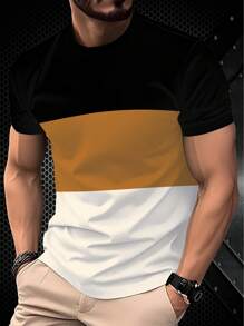 ملابس علوية تي شيرت رجالي صيفي بحجم كبير مع تصميم ألوان متباينة، ملابس علوية تي شيرت صيفي رياضي كاجوال مريح وصديق للبشرة، مناسب للشاطئ والعطلات، بأكمام قصيرة وياقة دائرية لرجال البدناء