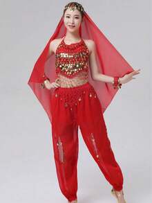 Women's Style Sparkling Belly Dance Three Pieces Set: Sequined Top + Lantern Pants + Headscarf Set For Halloween Carnival Party Stage Performance Costume