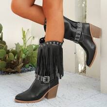 女式粗跟黑色杏仁头带扣中筒西部流苏设计一脚蹬靴，时尚牛仔靴，骑士靴，高跟 - 黑色 - 查看 6