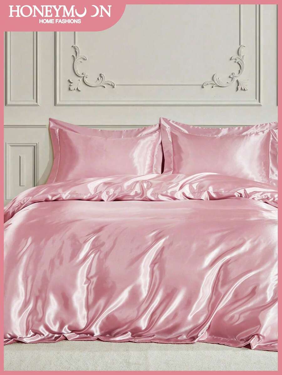 2/3 件套优质丝滑缎面羽绒被套床上用品套装，柔软透气防皱，助眠效果更佳，奢华酒店风格，送给爸爸妈妈朋友的礼物，羽绒被套 * 1 枕套 * 1/2，粉色，完美适合单人床、全尺寸特大号双人床