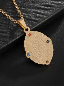 1pc Fashionable Colorful Cubic Zirconia Virgin Mary Pendant Necklace, Stainless Steel Jewelry Gift For Women