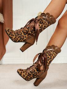 秋冬女款哥特风棕色豹纹西部靴，喇叭边带丝带系带细节粗跟高跟马靴，休闲户外度假复古欧美时尚风格网红推荐，优雅女士中筒靴 - 棕色 - 查看 4