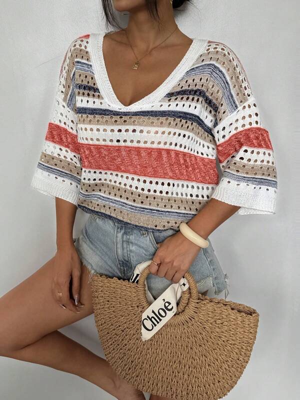 Suéter casual de talla grande para mujer con bloques de color y rayas