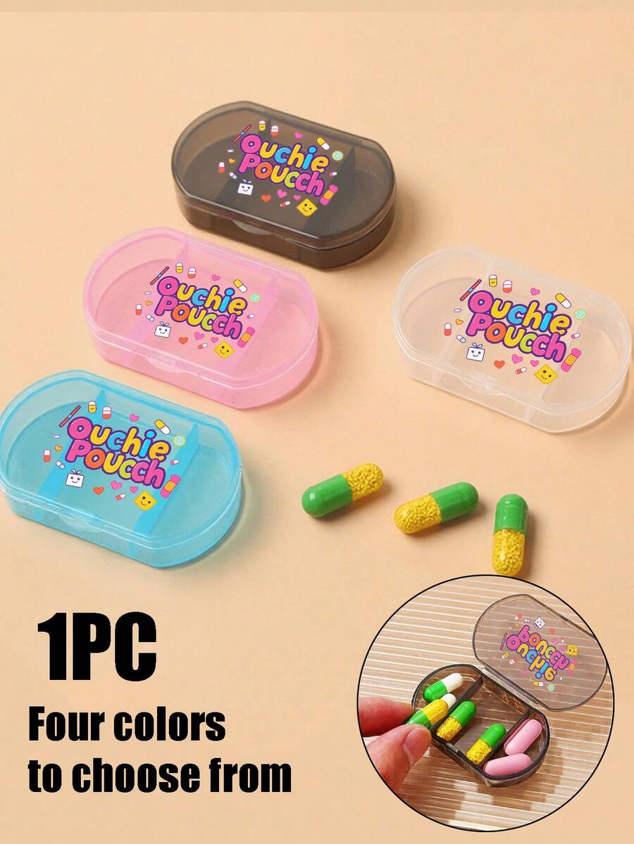 多色三隔间可拆卸便捷药盒，椭圆形药盒，彩色药丸和字母“Ouchie Poucchi”创意图案，分区存储，迷你药盒，便携式珠宝和药盒 - 彩色 - 查看 1