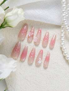 10 件 Xs/S/M 粉色按压指甲带饰中号杏仁假指甲 3D 手工指甲，蝴蝶贴指甲可爱法式指甲按压杏仁形丙烯酸指甲女士日常佩戴美甲用品指甲 - 粉色 - 查看 2