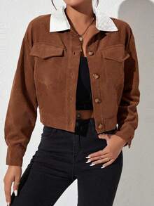 Caramel Color Corduroy Short Jacket, Contrast Color Collar Design, Fashionable Slimming Piece