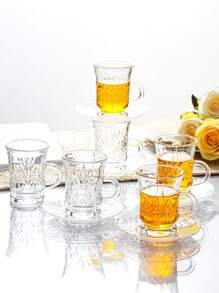1 Set, Middle Eastern Retro Glass Tea Cup & Saucer Combination, Turkish Tea Cup With Saucer Set, Includes 6 Cups And 6 Saucers, Suitable For 6 People, Slim Waist Design With Thickened Bottom To Prevent Tea From Getting Cold