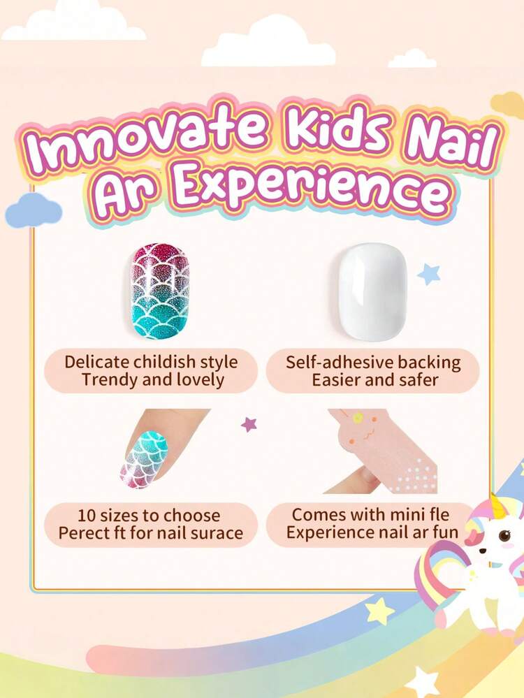 Naio Press On Nails For Kids 144Pcs 6 Pack Children Acrylic Fake Nails Pre-Glue Full Cover Glitter Gradient Color Starts Unicorn Short False Nail Art Kits Sets Easter Gifts For Kids Girls - Multicolor - View 5