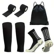 4Pcs/Set Durable Polyester Soccer Socks And Accessories Set - Comfortable Knit Tube Socks With Leg Sleeves, Taping Straps, And Drawstring Bag For Training And Matches