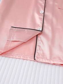 Blusa de solapa de satén para mujeres y traje de pijama para pantalones cortos con lazo,Pijamas y ropa de casa, conjuntos de dos piezas - Rosa - Ver 7