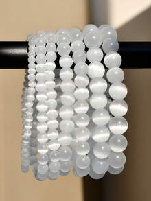 新款白猫眼石手链，女士光滑串珠手链，可叠戴多串手链，月光石手链，情侣礼物，有助于缓解焦虑，珠宝 - 白色 - 查看 10