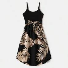 PP Family Matching Floral Print Belted Cami Dresses And Solid Short Sleeve Tops Sets - Black - View 4