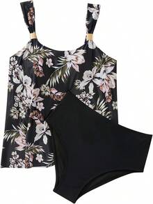 Traje de baño tankini con volantes de cintura alta y control de abdomen para tallas grandes - Floral negro - Ver 7