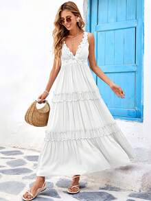 Vestido Largos Elegant Para Mujer,Vestido Tank Con Encaje Y Adornado Con Volantes,Vestido Unicolor Con Escote En V Profundo, Perfecto Para Vacaciones - Blanco - Ver 2