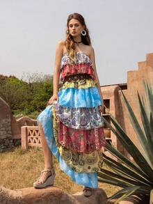 Faeriesty BohoBloom Strapless Multi-Layer Printed Summer Dress - Elegant Spring/Summer Style, Suitable For Beach Weddings | Garden Parties | Brunch | Music Festivals | Tropical Vacations (Belt Not Included) - Multicolor - View 8