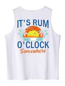 Men's Casual Sleeveless Top With Slogan & Palm Tree Print, Summer - White - View 1